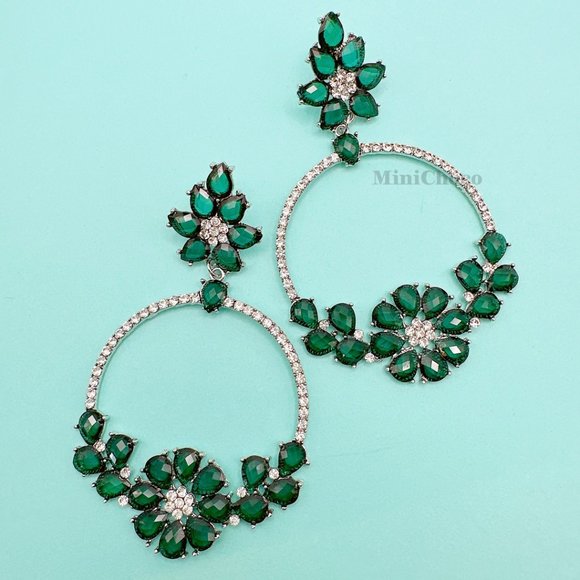 Royal Green Chandelier Crystal Flower Post Earrings - Picture 2 of 8
